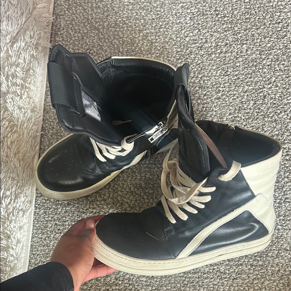 Rick Owens Black and White High-Top Sneakers with Padded Collar